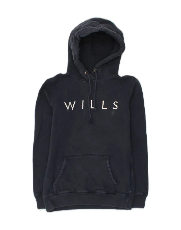 JACK WILLS Womens Graphic Hoodie Jumper UK 8 Small  Navy Blue Cotton Hoodie with Hem Raw Edge Edgy Unfinished