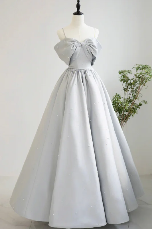 Gray Satin Long A-Line Prom Dress, Off the Shoulder Evening Dress with Pearls Tunics Winter warm
