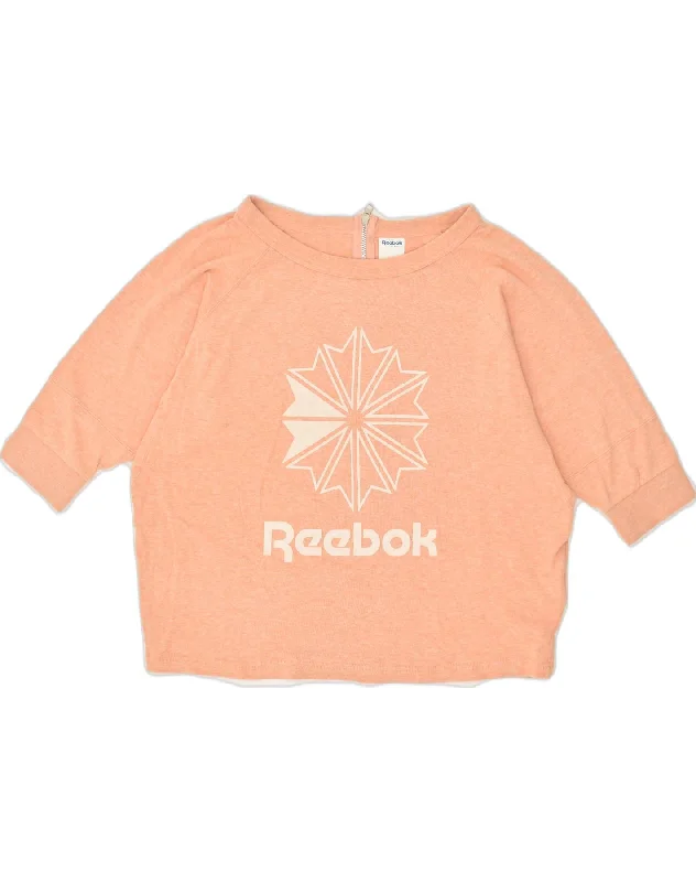 REEBOK Womens 3/4 Sleeve Graphic Sweatshirt Jumper UK 16 Large Orange Hoodie with Slim Fit Tailored Modern REEBOK Womens 3/4 Sleeve Graphic Sweatshirt Jumper UK 16 Large Orange Hoodie with Slim Fit Tailored Modern