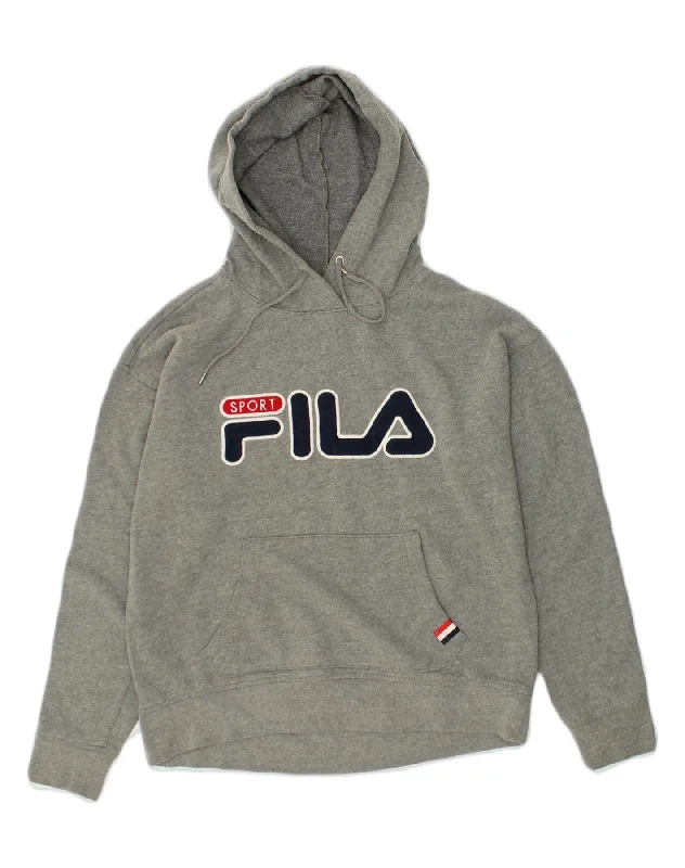 FILA Womens Graphic Hoodie Jumper UK 14 Medium Grey Cotton Hoodie with Logo Branding Identity