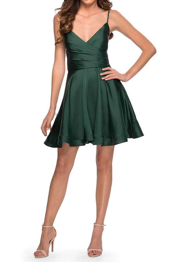 A-line V-neck pleated short Homecoming dresses Square Neckline Feminine