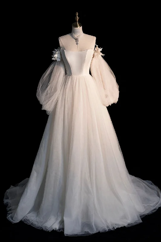 Champagne Tulle Long Sleeve Prom Dress, Off the Shoulder Evening Dress Tunics Distressed trendy