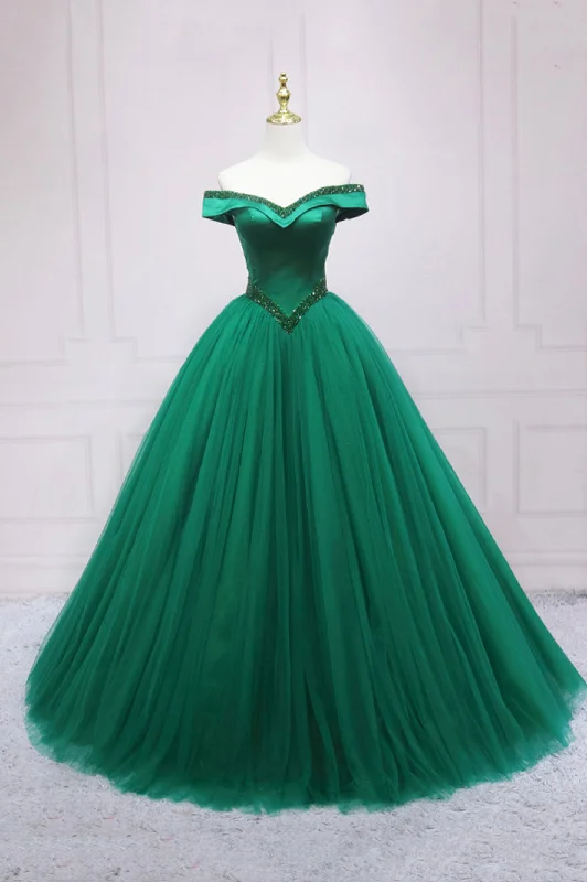 Green Tulle Long A-Line Ball Gown, Off the Shoulder Evening Dress Tunics Fashionable chic