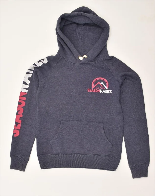 JACK WILLS Womens Graphic Hoodie Jumper UK 8 Small  Navy Blue Cotton Hoodie with Slit Hem Functional Movement