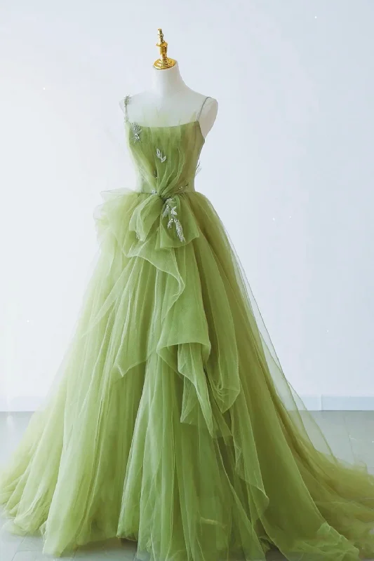 Green Spaghetti Strap Tulle Long Formal Evening Dress, Green A-Line Prom Dress Square Neckline Feminine