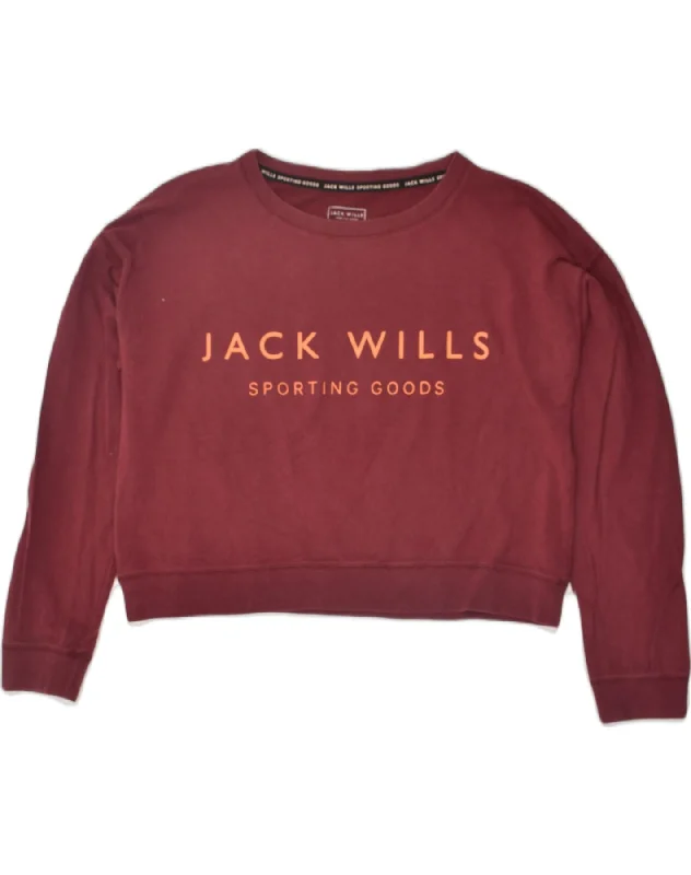 JACK WILLS Womens Oversized Crop Sweatshirt Jumper UK 14 Large Maroon Hoodie with Embroidery Detailed Premium