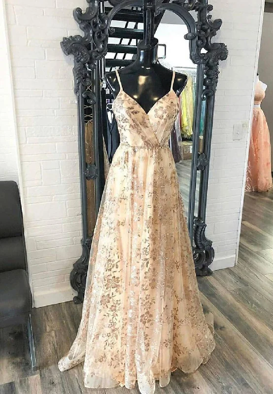 Champagne V-Neck Sequins Long Prom Dresses, A-Line Evening Dresses Boatneck Modish Everyday
