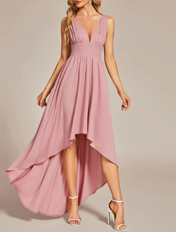 A-Line Wedding Guest Dresses Casual Dress Wedding Party Summer Asymmetrical Sleeveless V Neck Spandex with Pleats Tunics Leisure comfortable