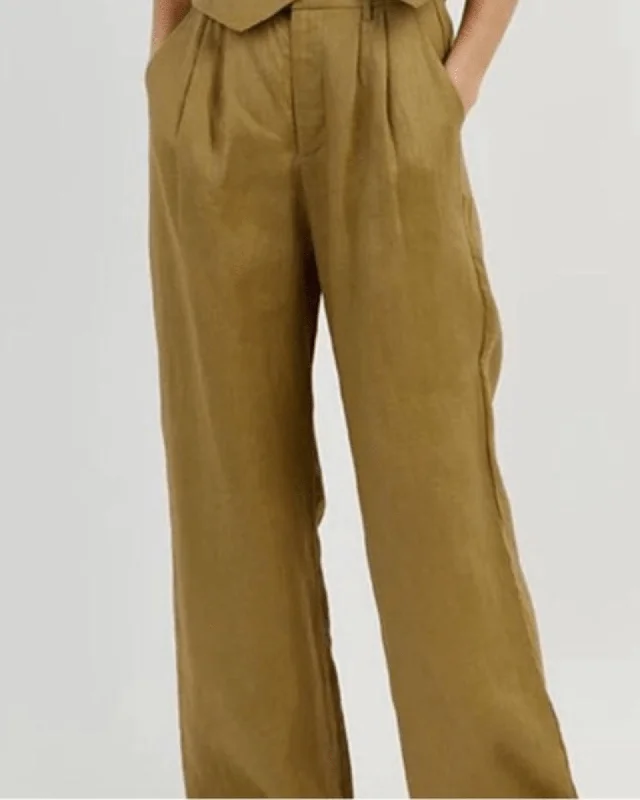 Norah Natural Linen Pant-Olive Stretch Fit Pants