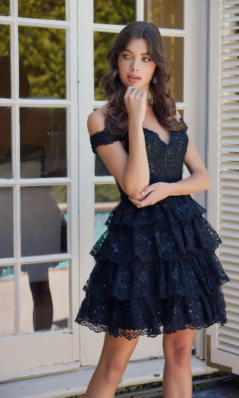 Short Ruffled Lace Hoco Dress: Nox Anabel R877 Tunics Fashionable trendy