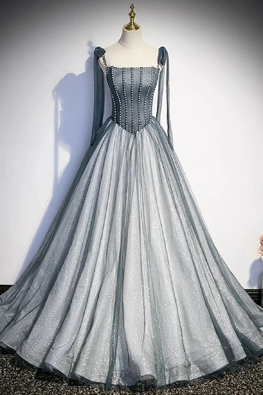 Gray Spaghetti Straps Long A-Line Prom Dress, Gray Evening Dress with Beaded Tunics Wedding white