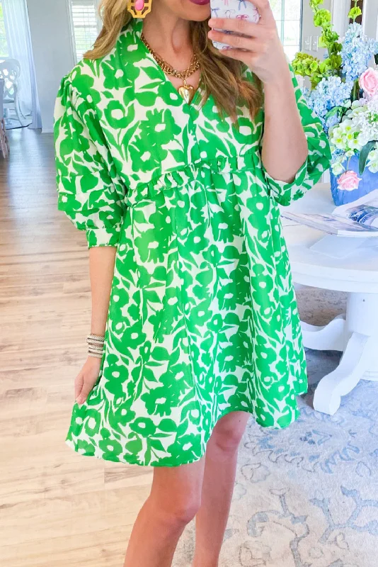 Green Floral Print V Neck Puff Sleeve Babydoll Dress Tunics Favorite customer
