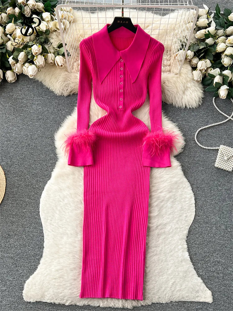 Yipinpay Senior Knitted Slim Dress Turndown Collar Long Sleeves Feathers Decoration Autumn Fashion Women Bodycon Striped Dress Tunics Sophisticated sleek
