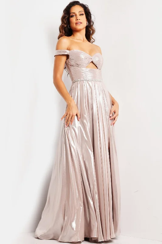 Jovani -37381 Off Shoulder Metallic Pleated A-Line Dress Crew Neckline Casual