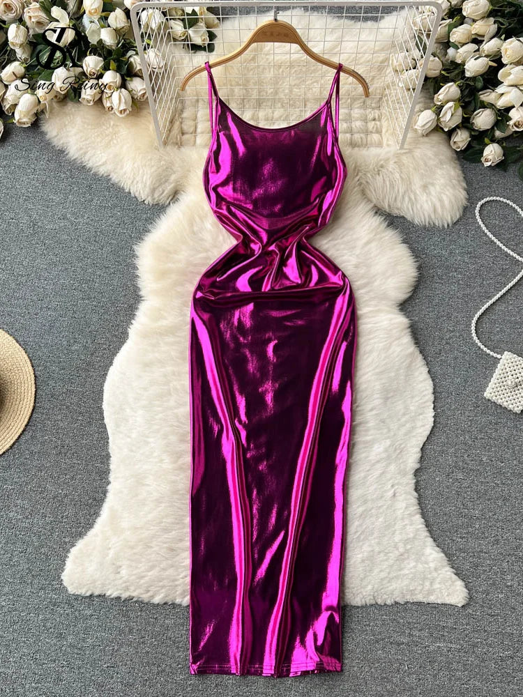 Yipinpay Sexy Bodycon Satin Camis Dress Backless High Waist Fashion Hollow Out Shiny Summer 2024 Women Party Long Dress Tunics Denim casual