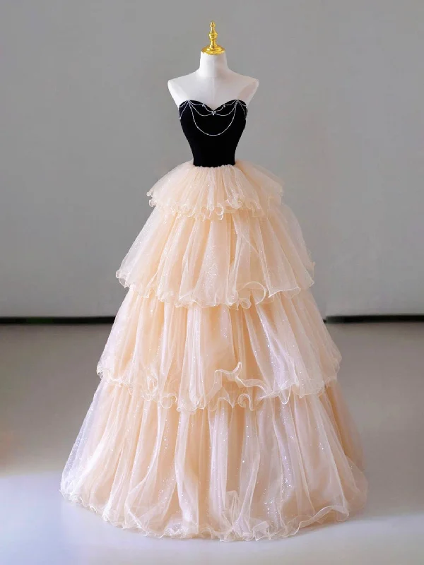 Champagne Strapless Tulle Long Prom Dress, Beautiful Formal Evening Dress Tunics Long Elegant