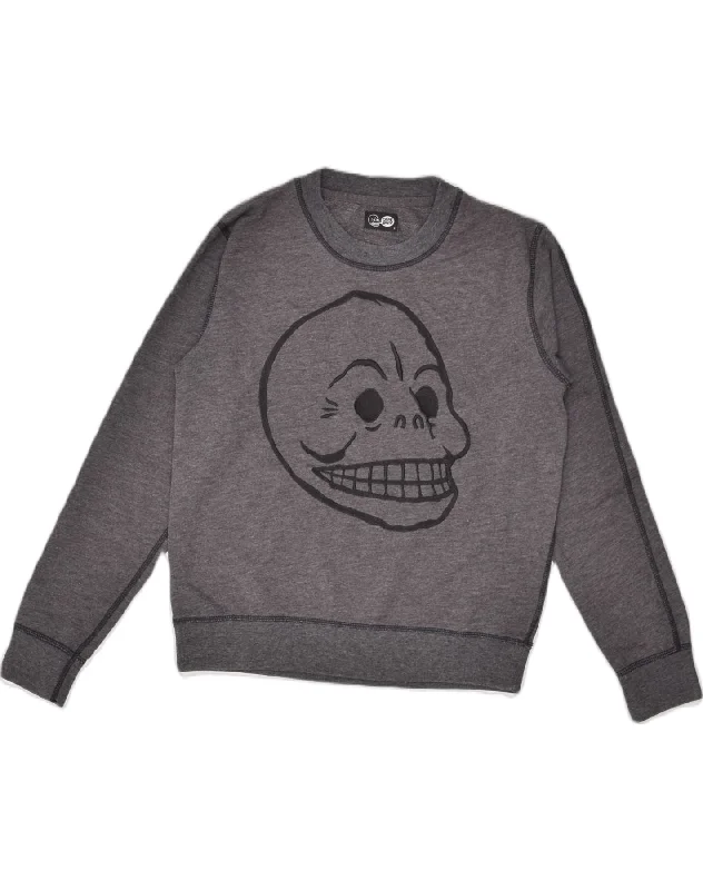 CHEAP MONDAY Womens Graphic Sweatshirt Jumper UK 10 Small Grey Cotton Hoodie with Bell Sleeves Flared Feminine