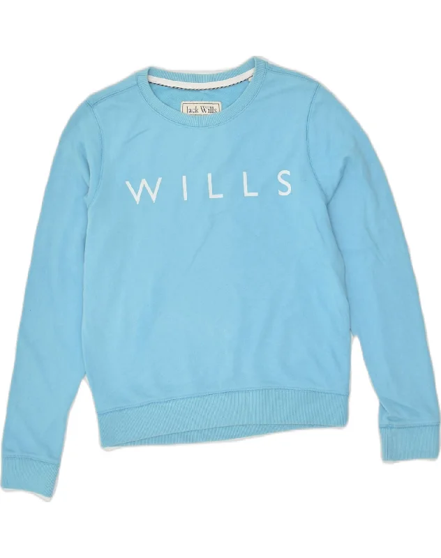 JACK WILLS Womens Graphic Sweatshirt Jumper UK 12 Medium Blue Cotton Hoodie with Lining Warm Insulated