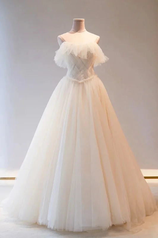Champange Tulle Long Prom Dress, A-Line Evening Dress Bodycon Club Sequined