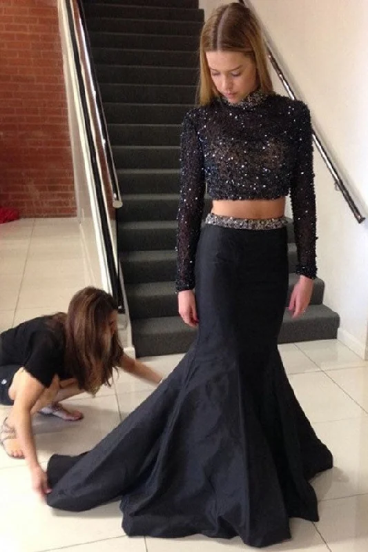 Black Two Piece Trumpet Sweep Train Long Sleeve Beading Prom Dresses Tunics Chic fashionable