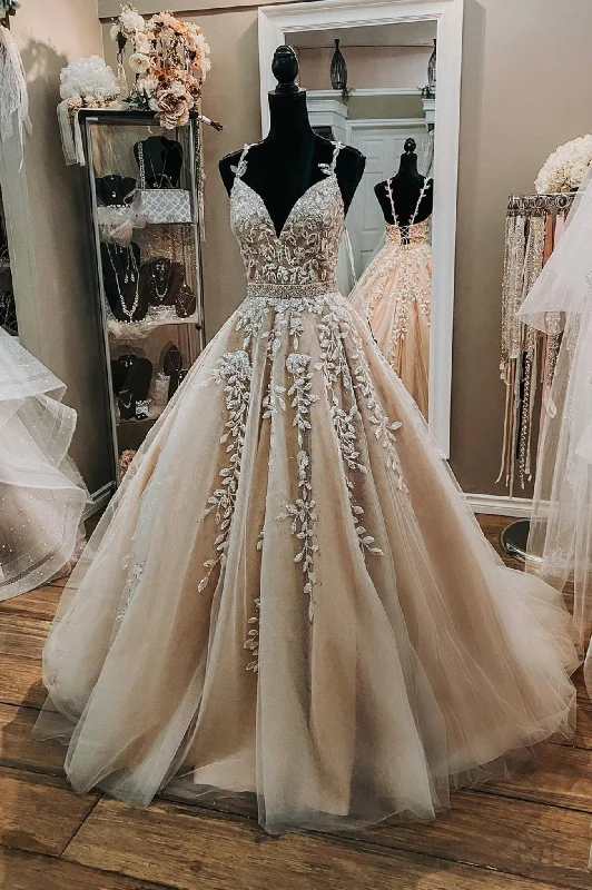 Champagne Tulle Lace Long Prom Dresses, A-Line Formal Evening Dresses Tunics Sophisticated sleek