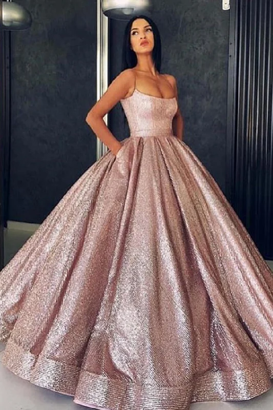 Sparkly Spaghetti Straps Sleeveless A Line Ball Gown Prom Dresses With Pocket Tunics Yoga stretchy