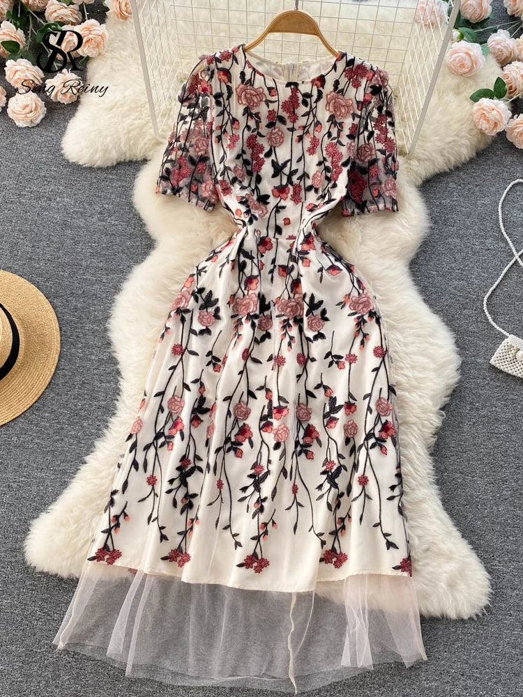 Yipinpay Mesh Embroidary Ins Women Dress 2024 Summer Zipper Slim Temperament Vacation Fashion Ladies A Line Splice Dresses Tunics Vintage classic