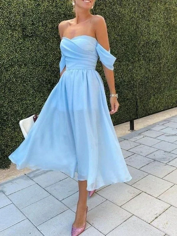 A-Line/Princess Chiffon Ruched Off-the-Shoulder Sleeveless Tea-Length Dresses Tunics Yoga stretchy