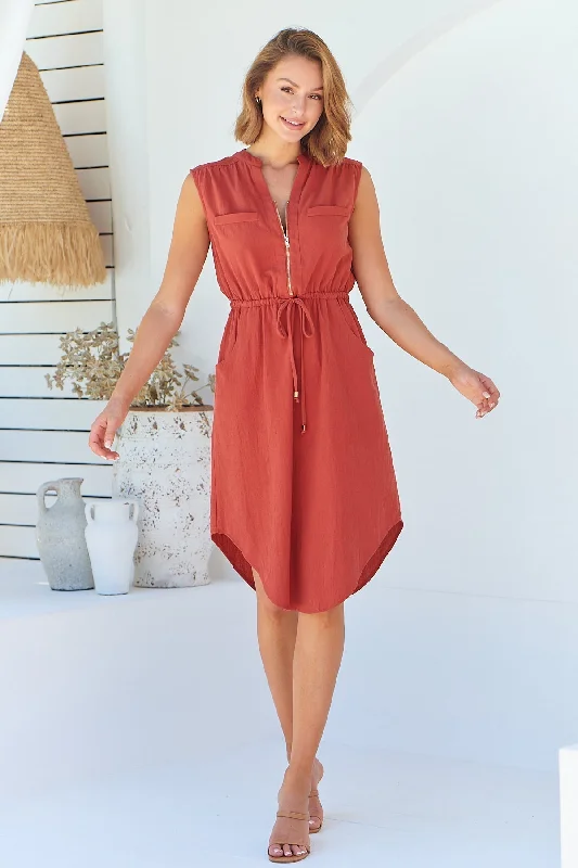 Alma Midi Rust Linen Look Zip Front Dress Tunics Favorite customer
