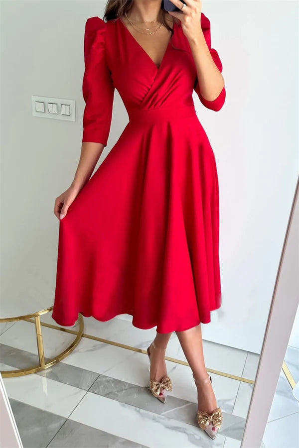 Elegant solid color V-neck A-line tea long dress Tunics Stylish elegant