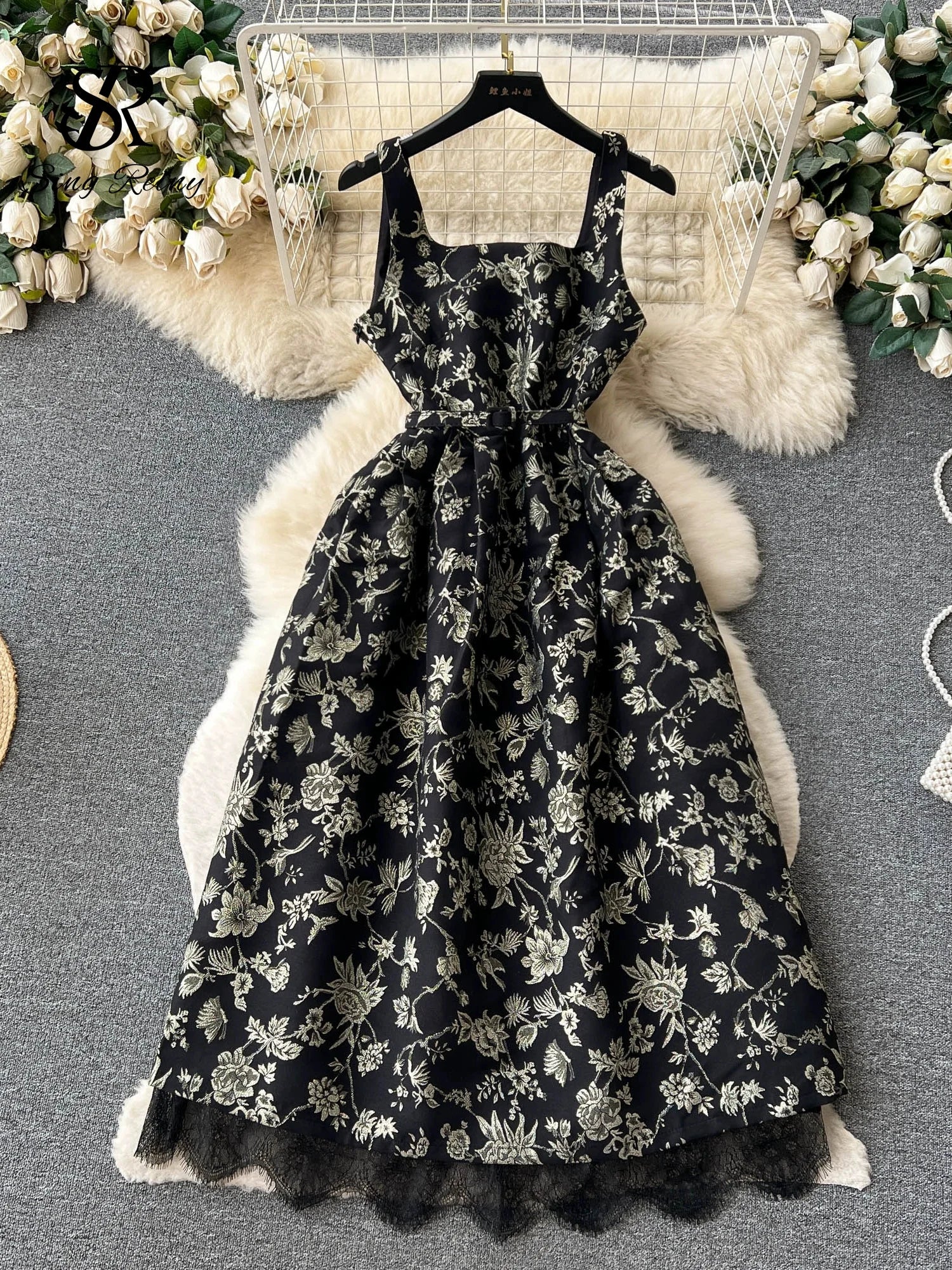 Yipinpay Temperament Embroidery Lace Dress Women Zipper Belt Off Shoulder Sleeveless French Floral Spaghetti Strap Long Dress Tunics Modern contemporary