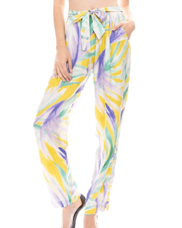 Panarea Print Satin Belted Pants Fashionable Tapered Leg Pants