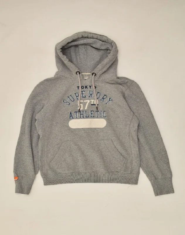 SUPERDRY Womens Graphic Hoodie Jumper UK 14 Large Grey Cotton Hoodie with Slit Hem Functional Movement