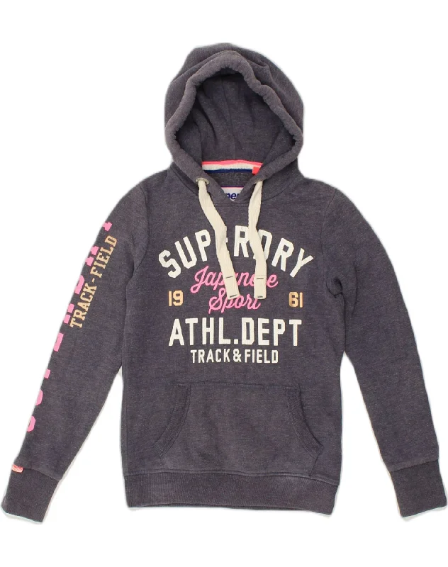 SUPERDRY Womens Graphic Hoodie Jumper UK 6 XS Navy Blue Cotton Zip Hoodie Drawstring Kangaroo Pocket