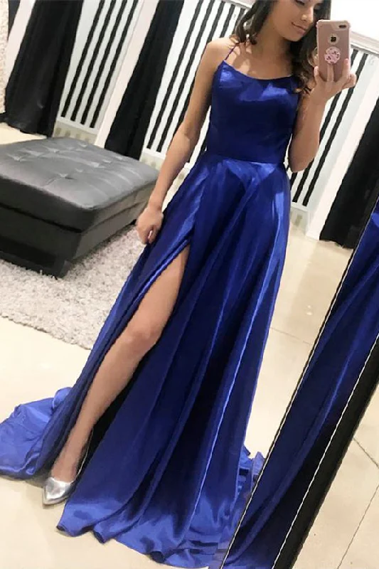 Royal Blue A Line Brush Train Sleeveless Backless Side Slit Prom Dresses Tunics Designer luxury