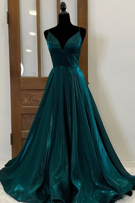 Green Satin Long Prom Dresses, Simple V-Neck Evening Dresses Crew Neckline Sporty