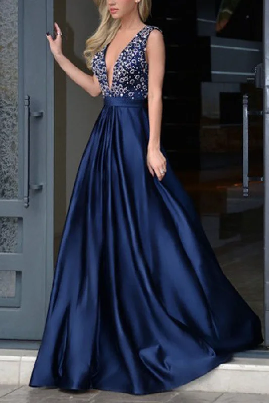 Sexy V Neck Floor Length V Back Beading Prom Dresses Boat Neckline Classic