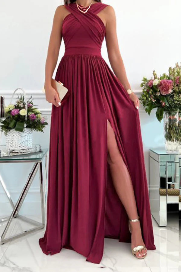 Elegant off shoulder solid color backless side slit A-line dress Tunics Satin smooth