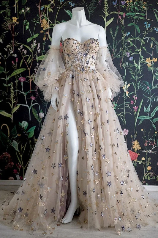 Champagne Tulle Long Prom Dress, Off the Shoulder Evening Dress with Stars Tunics Occasion special
