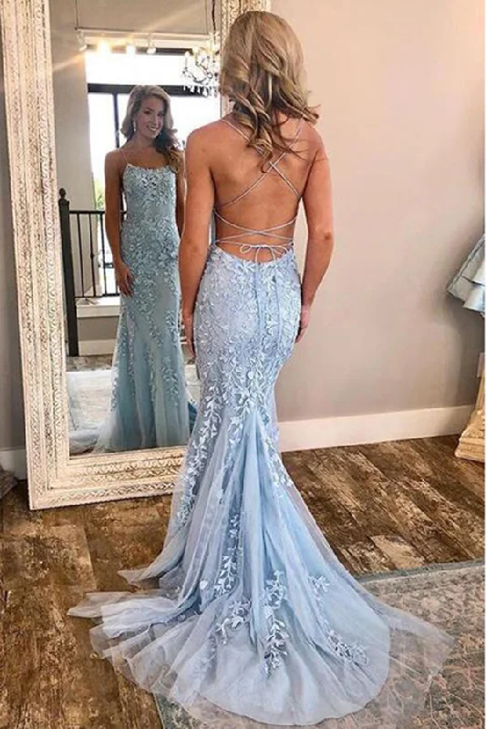 Chic Trumpet Spaghetti Straps With Lace Appliques Light Blue Prom Dresses Tunics Stylish elegant