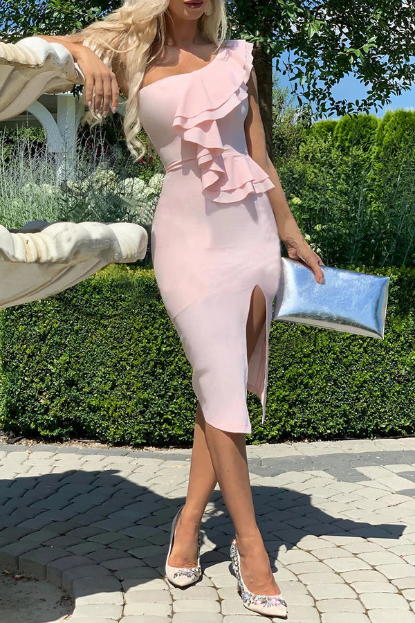 Elegant solid color ruffled one shoulder and floor length dress Tunics Review highly