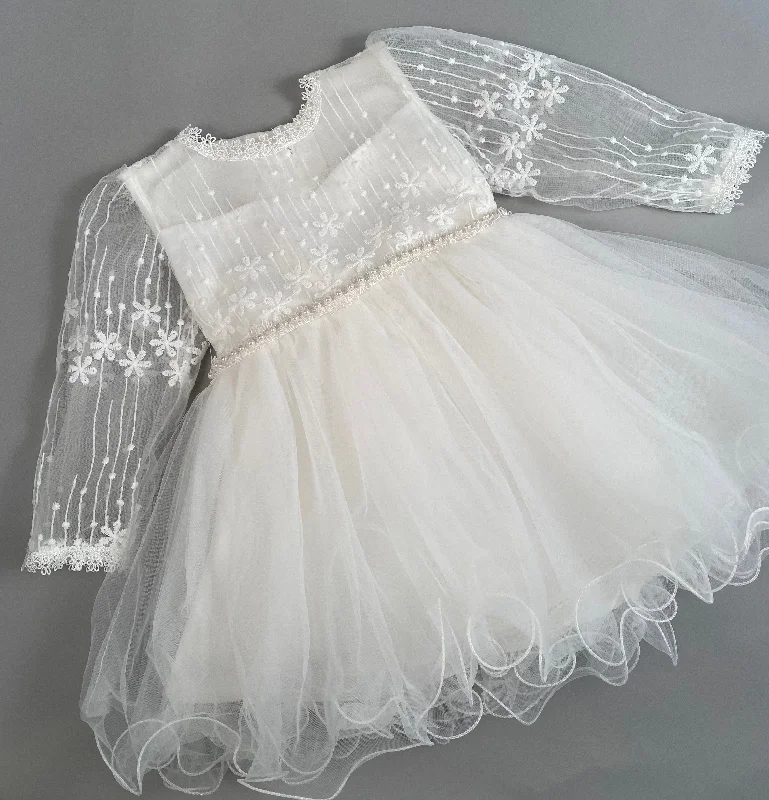 Dress 2 Girls Christening Baptismal Embroidered Dress with Sleeves and Pearl Belt Tunics Trendy modern Dress 2 Girls Christening Baptismal Embroidered Dress with Sleeves and Pearl Belt Tunics Trendy modern
