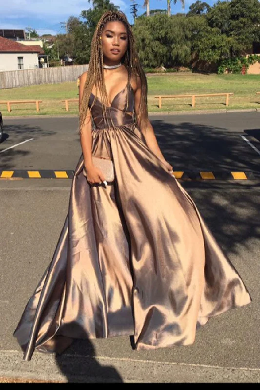Gold A Line Floor Length Deep V Neck Sleeveless Open Back Prom Dresses Tunics Print Colorful