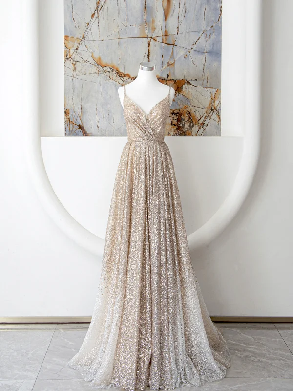 Champagne Spaghetti Strap Sequins Long Prom Dress, Shiny V-Neck Evening Dress Tunics Satin smooth