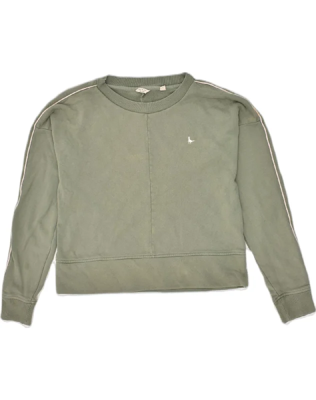 JACK WILLS Womens Sweatshirt Jumper UK 14 Large  Khaki Cotton Hoodie with Stripes Bold Sporty