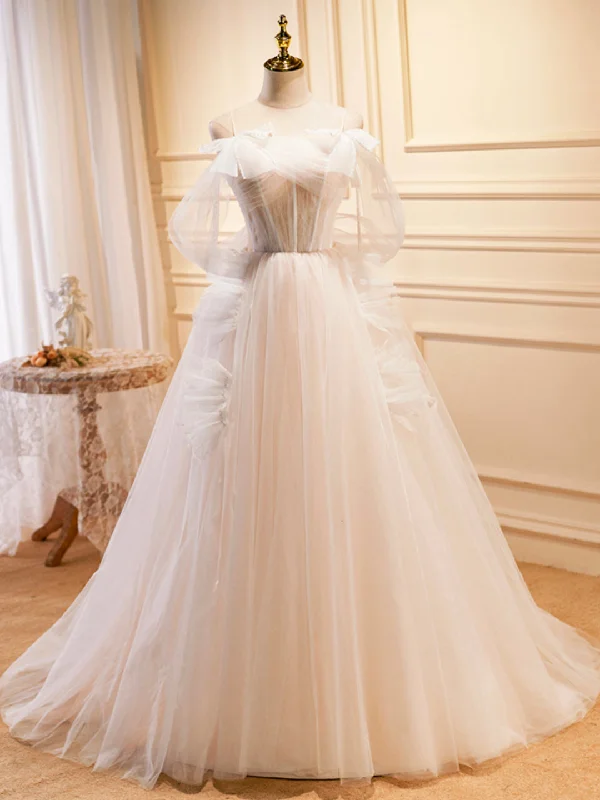 Champagne Tulle Long Prom Dress, A-Line Evening Dress with Bow Tunics Timeless classic