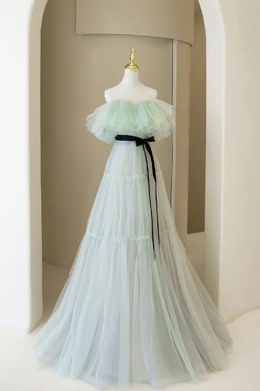 Green Tulle Floor Length Prom Dress, A-Line Off Shoulder Evening Dress Pencil Office Professional