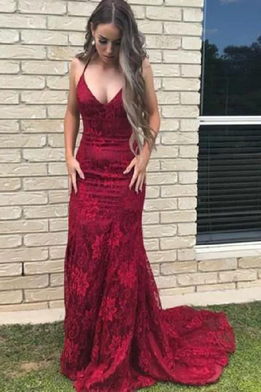 Charming Burgundy Mermaid Spaghetti Straps Lace Sweep Train Prom Dresses Tunics Corduroy durable