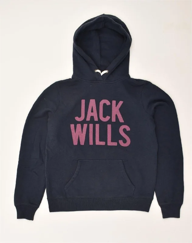 JACK WILLS Womens Graphic Hoodie Jumper UK 12 Medium  Navy Blue Cotton Hoodie with Tied Waist Feminine Flattering