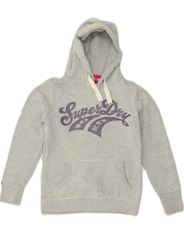 SUPERDRY Womens Graphic Hoodie Jumper UK 14 Medium Grey Cotton Hooded Sweatshirt Casual Wear Street Style